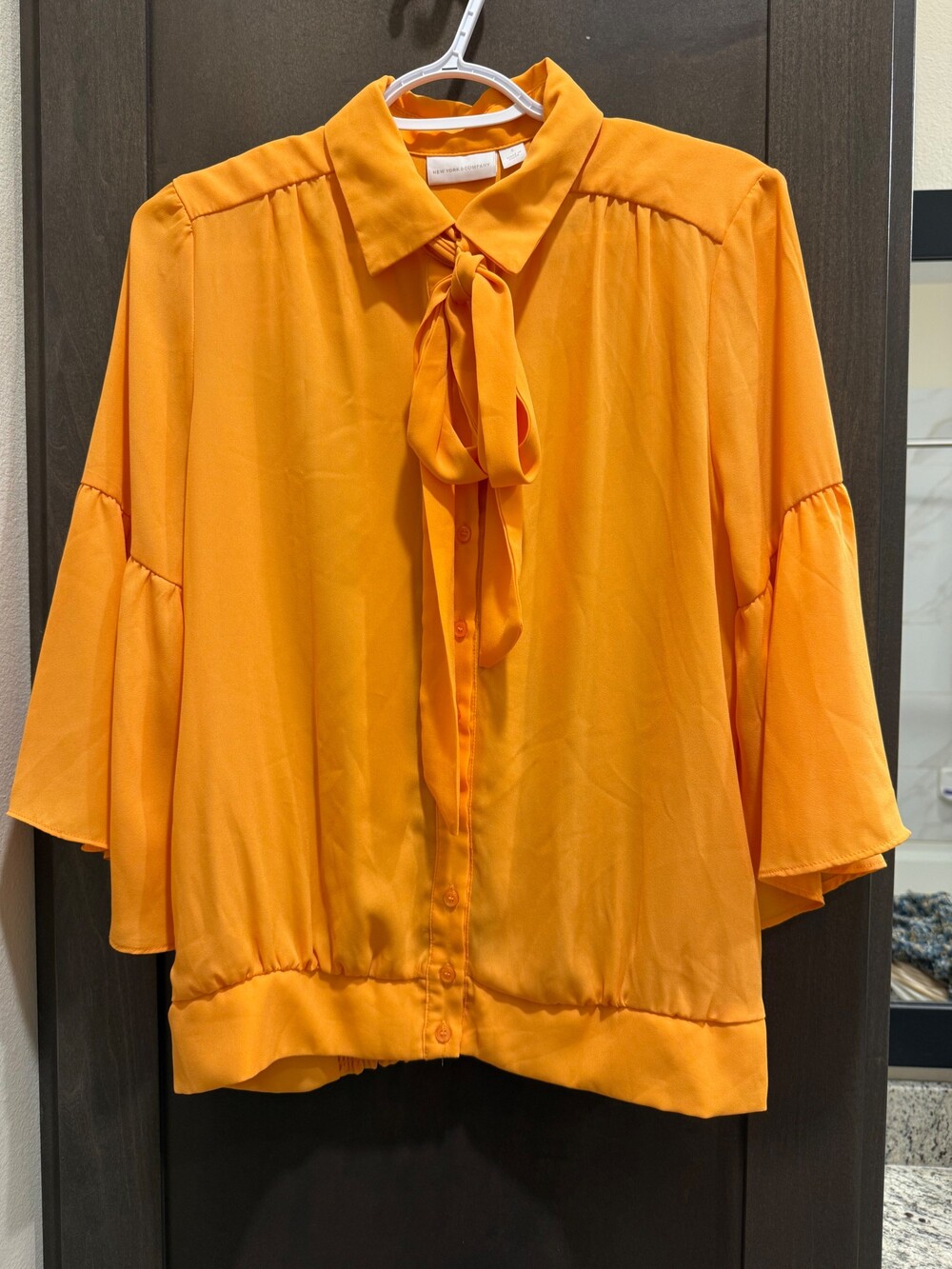 New York & Company Orange Tie-Neck Blouse Size S